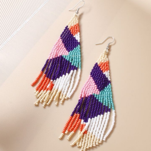Long 5.5" Multicolor Abstract Color Block Earrings Beaded Oversized Bohemian New - Picture 2 of 4